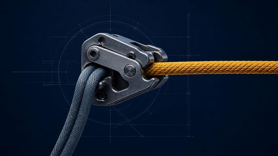 Technical belay device securing active and rollback ropes during cutover.