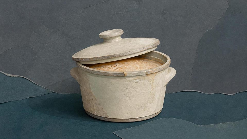 Cut-paper sourdough crock suggesting repeated upkeep between occasional purchases.