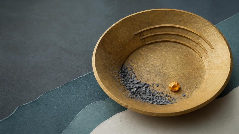Cut-paper gold pan isolating one amber nugget from grey grit.