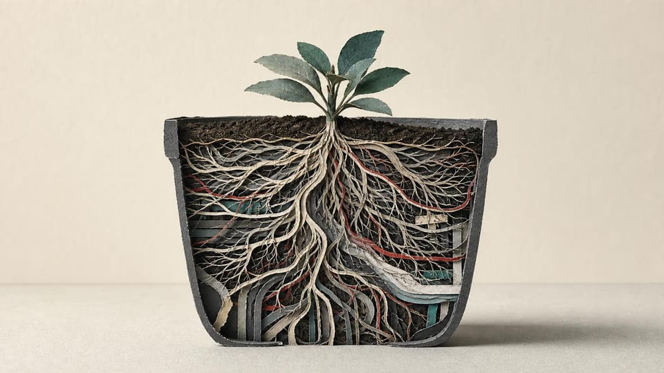 Small potted plant with an unexpectedly extensive hidden root system.