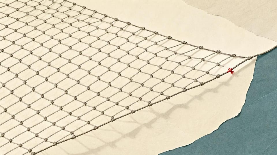 Fully illuminated woven net revealing one small broken knot.