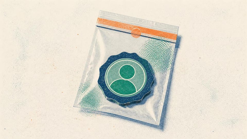 A sealed evidence pouch containing an abstract loyalty badge.
