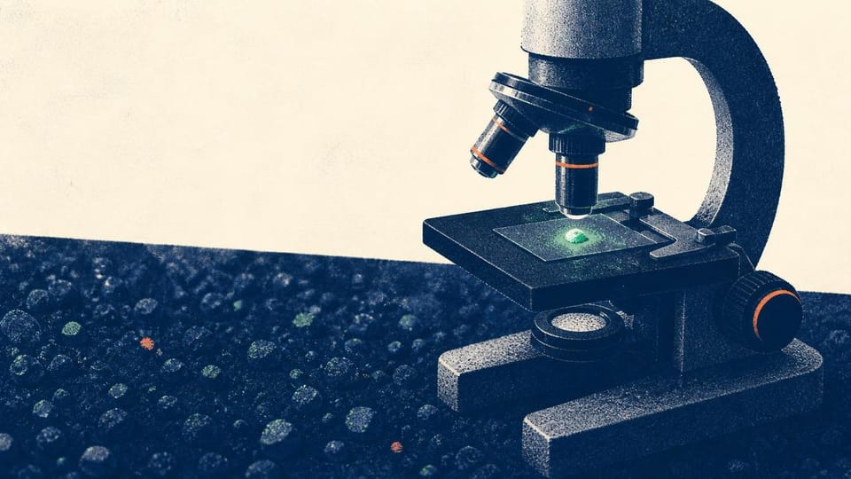 A microscope isolates one green grain from a field of navy noise.