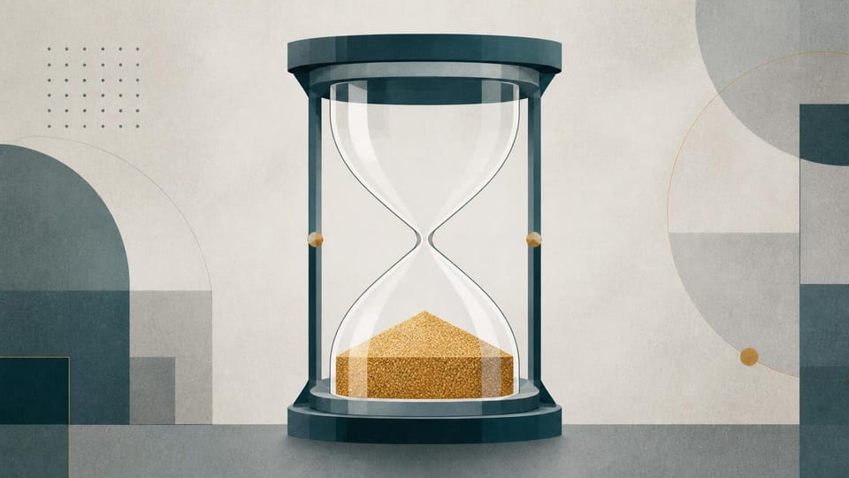 Geometric hourglass with all amber grains settled after a completed observation window.