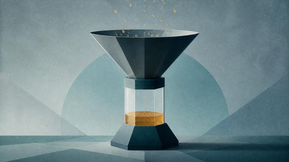 Wide geometric rain gauge collecting sparse amber droplets to represent adequate holdout size.