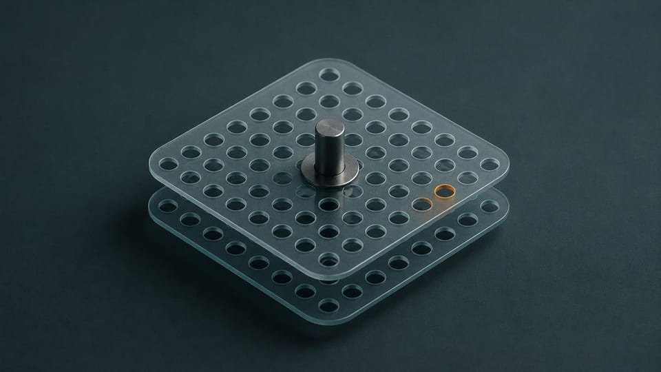 Registration pin aligning two perforated record plates with one mismatch.