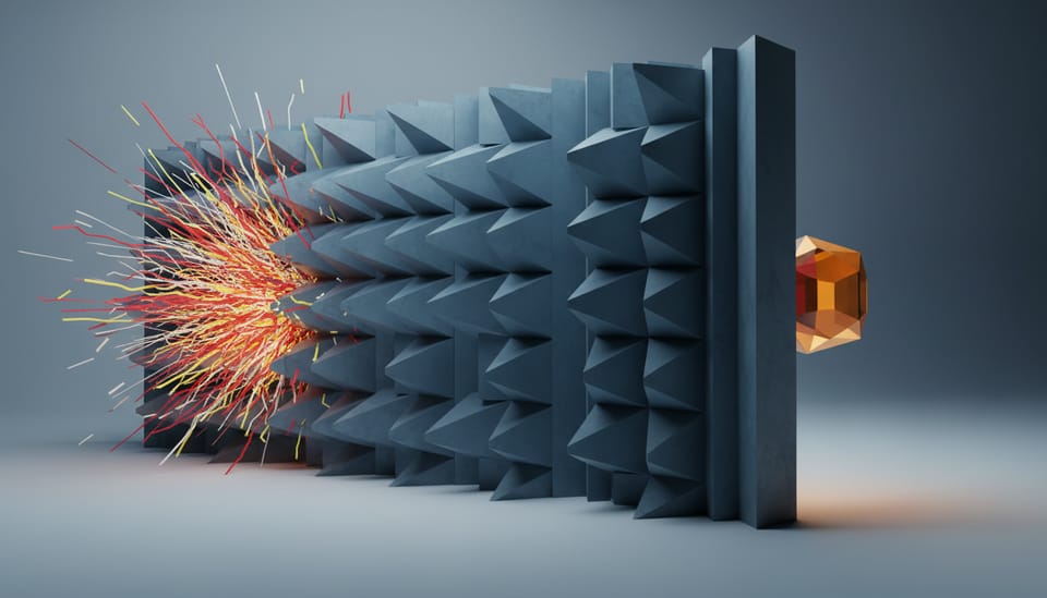 Geometric acoustic baffle blocking ambient interference while shielding an isolated measurement prism.