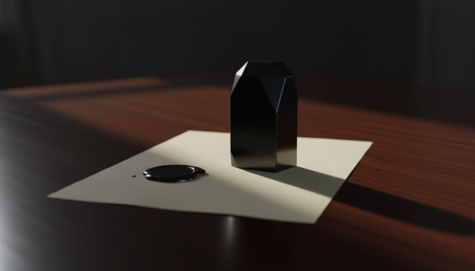 An obsidian signet desk seal resting upright on a dark mahogany surface beside a clean wax seal.