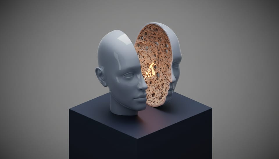 Isometric view of a smooth porcelain head sliced open to reveal an empty crumbling interior.