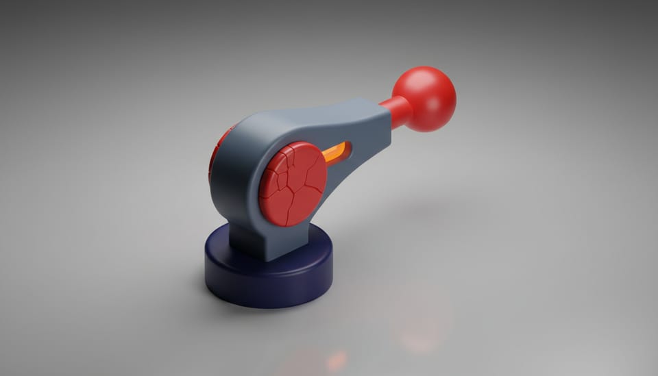 A mechanical porcelain ratchet held under tension by a cracking crimson pin.