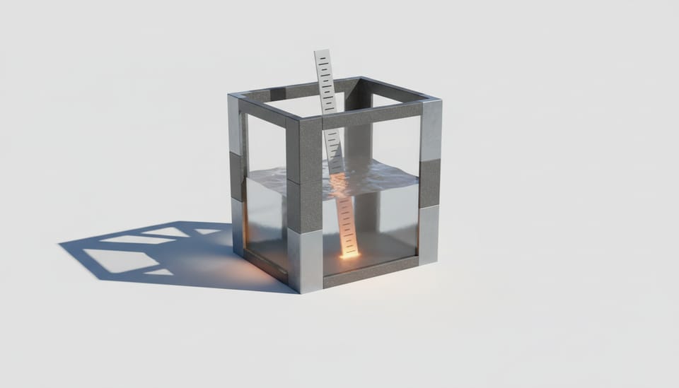 A massive steel chamber showing a depleted liquid level gauged by an illuminated amber dipstick.