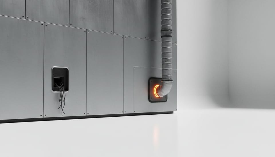 A thick pneumatic transfer pipe rerouting from a dormant bay into an amber-lit active receiving terminal.