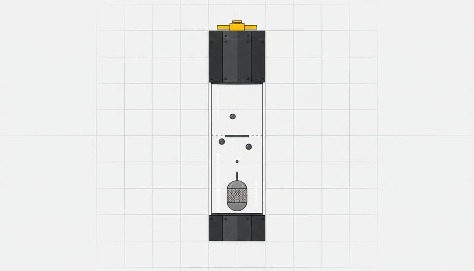 Geometric illustration of an empty vertical fluid gauge with an inactive float dropped to zero.