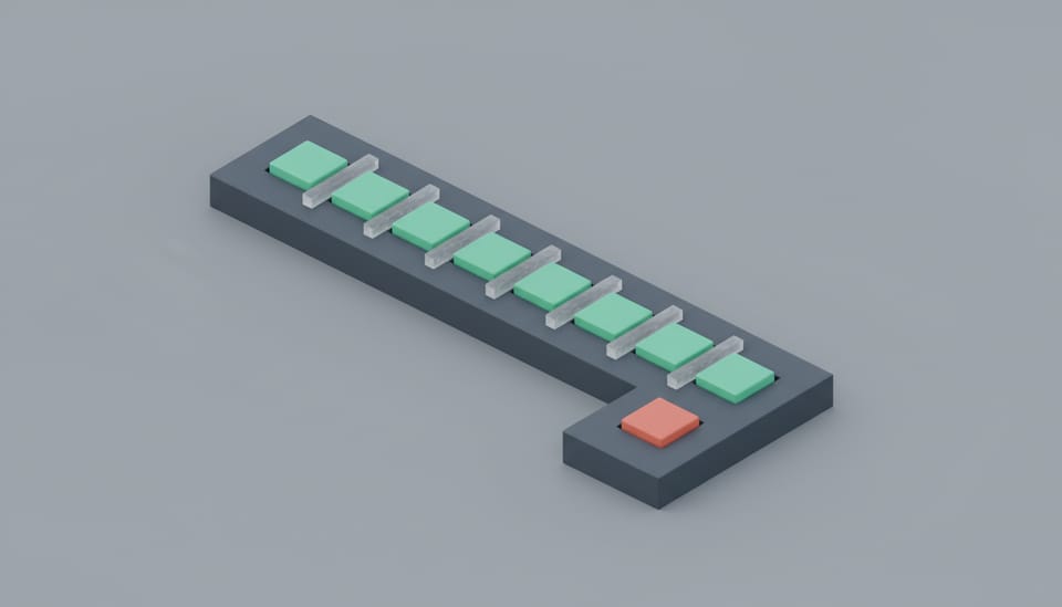 An isometric 3D render showing an abacus-style slate rail with green tokens above and a coral token dropping into a separate debit slot.