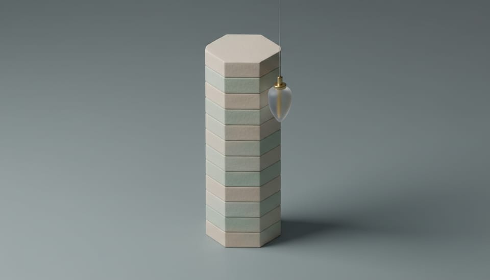 An isometric 3D render of a stepped hexagonal clay pedestal stack with a frosted acrylic plumb bob aligning to the current ledger tier.