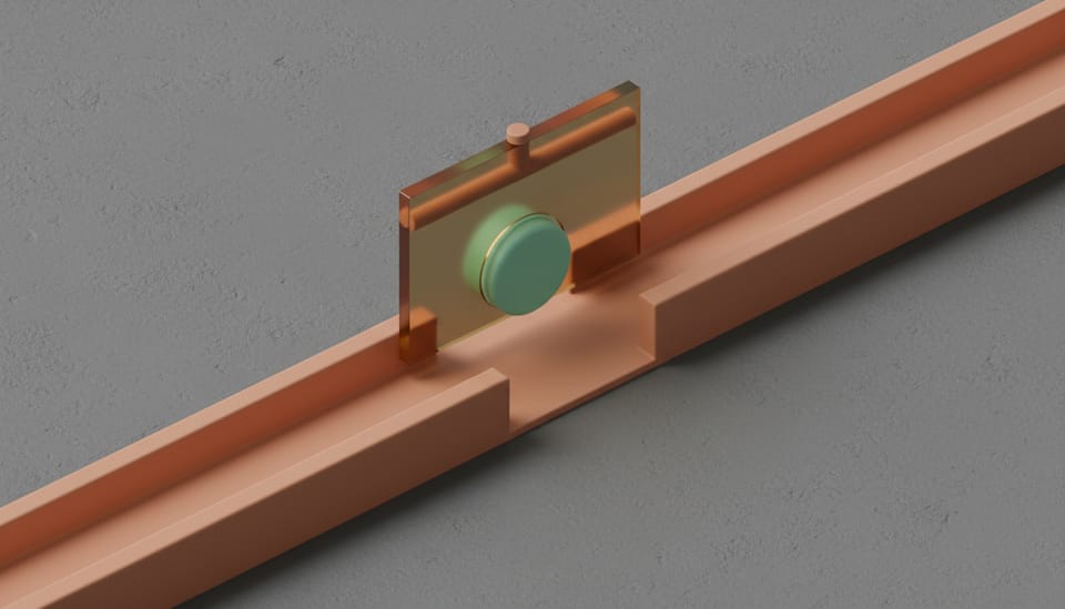 An isometric 3D render of a clay channel showing a token held behind a translucent frosted drop-gate separated from the clear path.