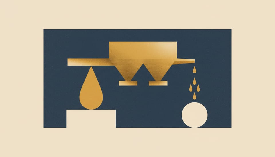 Geometric brass dual-hopper dispensing unequal drops onto two buff pedestals.