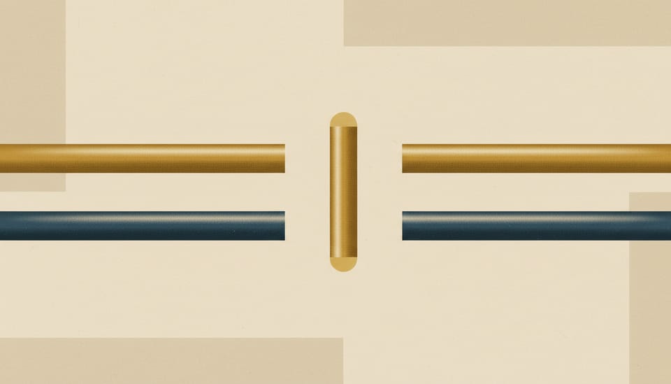 Two parallel horizontal pipes separated by an air gap with a detached central vertical segment.