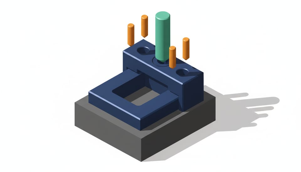 Isometric precision sliding block locked by a mint-green vertical pin while misaligned amber pins remain disengaged.