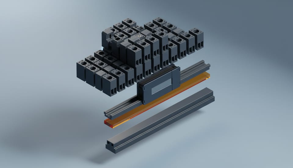 Isometric segmented terminal block where an amber insulating spacer isolates a secondary dock from the primary navy busbar.