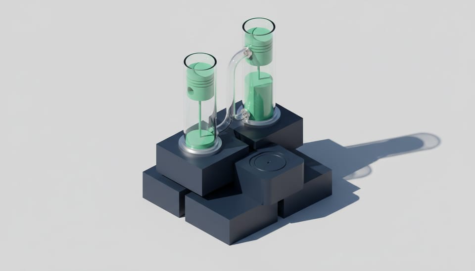 Isometric dual-cylinder mechanical manifold showing an immutable fluid transfer between two sealed vertical chambers.